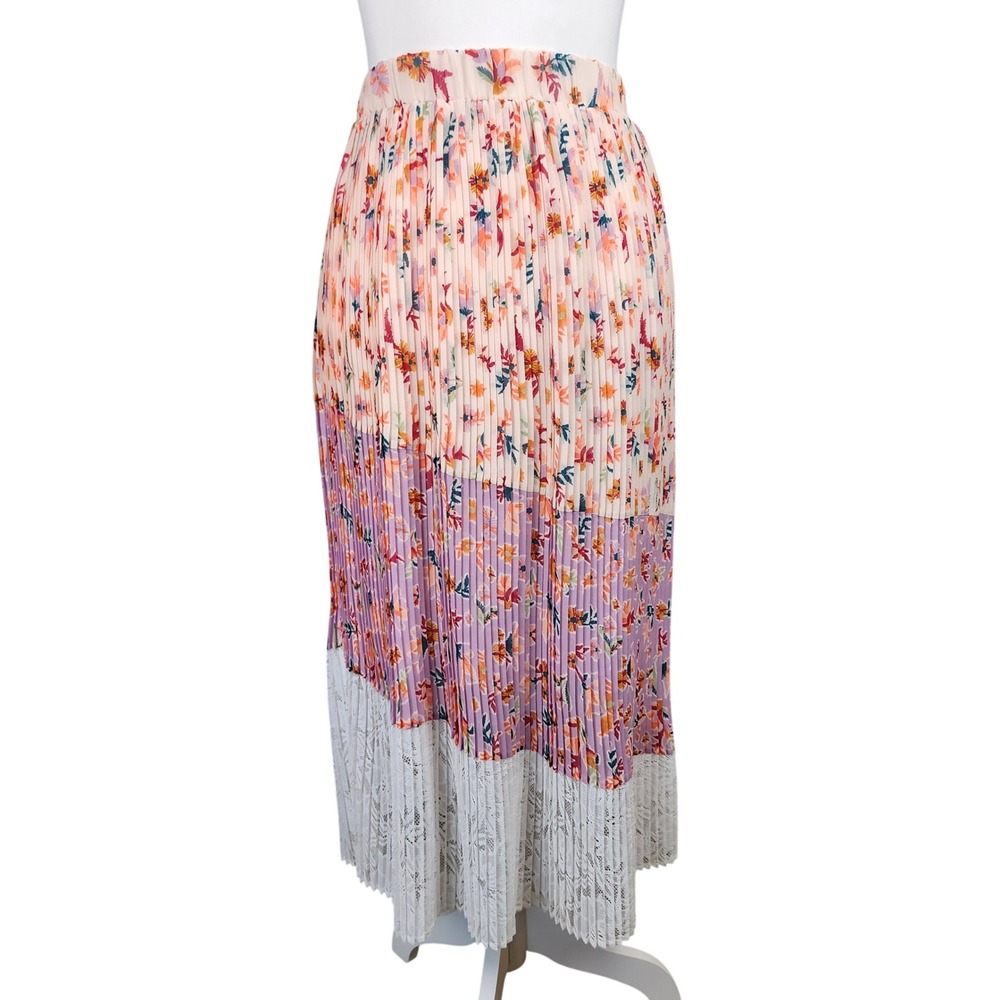 Anthropologie LAIA Floral Pleated Lace Hem Midi Skirt Women XS Peach Casual Boho